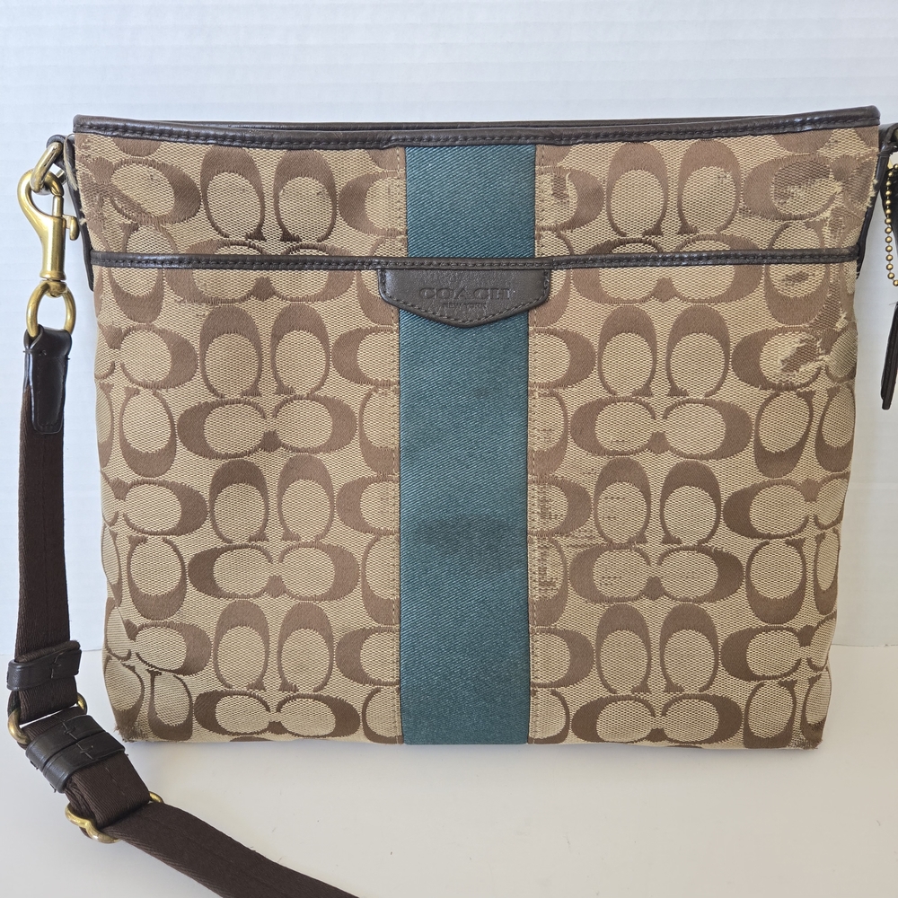 Coach Crossbody Shoulder Signature Purse Canvas Bag Green Brown Adjustable